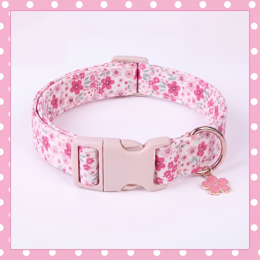TEMU This Pink Small Floral Pet Collar With Beige Quick-release And Cherry Metal Pendant, Adjustable Neckband Anti-escape Design, Suitable For Small