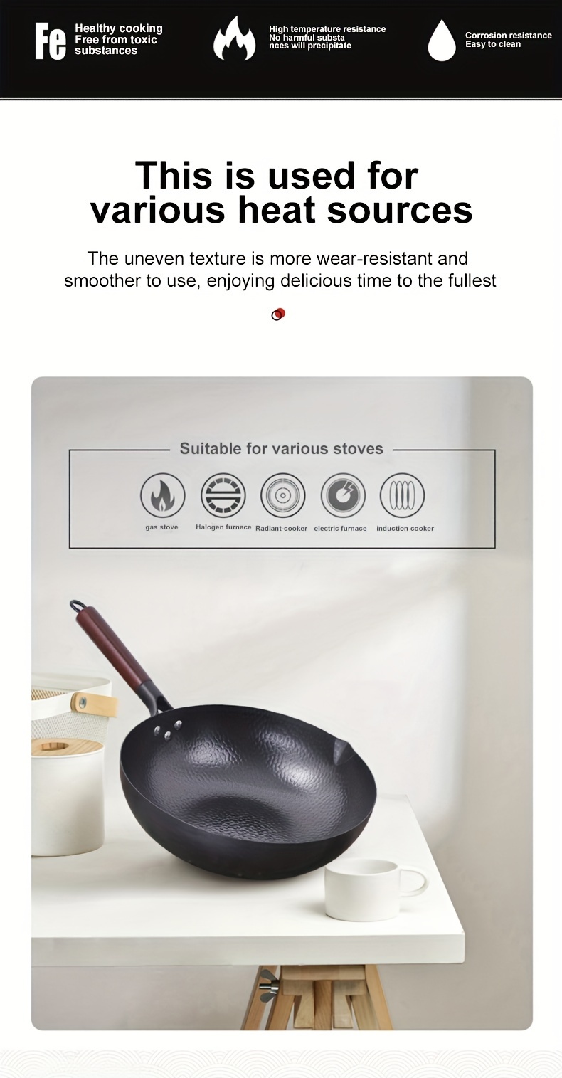 traditional   iron wok   pan with wooden lid 32cm 12 6in non coated non stick hand wash   iron handle compatible with   non induction cooktops details 4