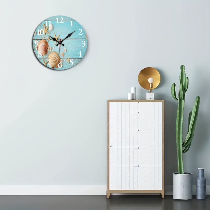 1pc, Rustic Blue Wooden Wall Clock, Silent Non-ticking, Beach Shell ...