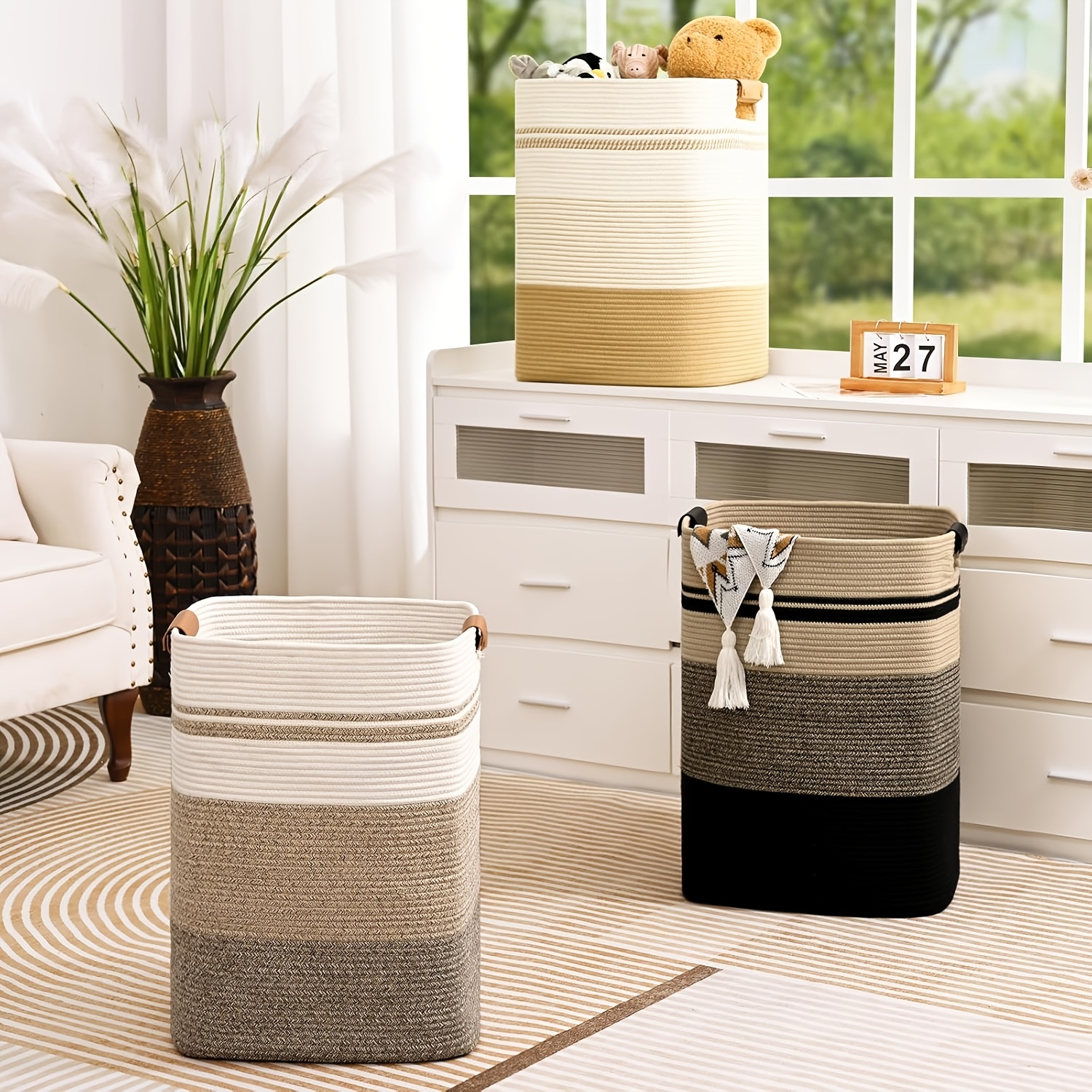 Rectangle Laundry Basket, Large Laundry Hamper with Handles, Blanket Basket for Living Room, Woven Decorative Storage Basket for Clothes, Gradient Yellow, Shelf Baskets