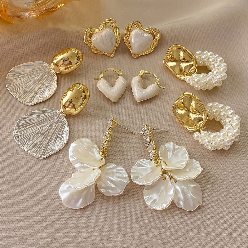 TEMU 5 Pairs Of French Vintage Elegant High-end Series Resin Inlaid Fashion Earrings Set Suitable For Women' Wear, Parties, And Festivals, White Drop