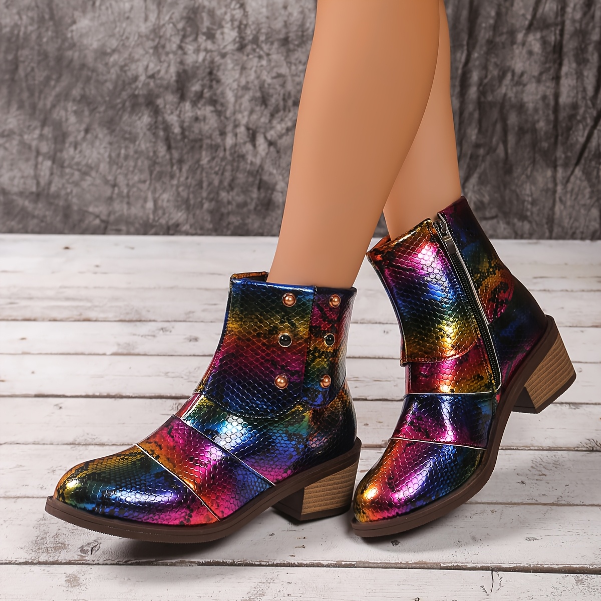 Women's Retro Iridescent Ankle Boots with Chunky Heel Fashionable Pointed  Toe, Side Zipper, Rubber Sole Short Boots for