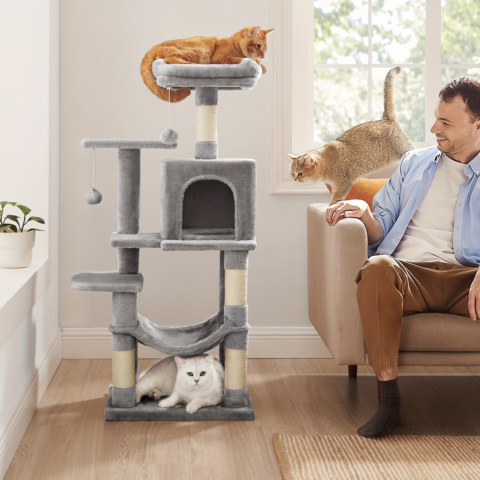 E-shop Katzenbaum 112 cm Katzenstange für Katzen im , mehrstöckiges Plüsch-Katzenhaus mit 4 Kratzbäumen, 2 Sitzstangen, Höhlenhängematte, Pompoms,