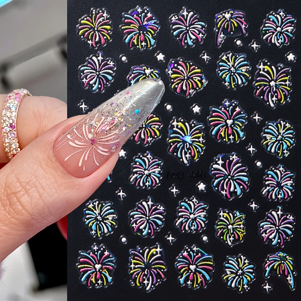 TEMU 3pcs New New Year's Christmas Nail Stickers 5d Three-dimensional Shell Aurora Colorful Fireworks New Year's Back Adhesive Nail Stickers