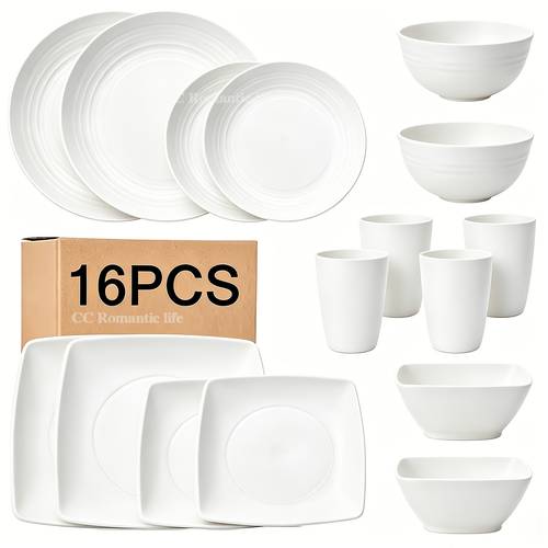 16pcs round and square tableware set shatterproof tableware group set 8pcs plates 4pcs bowls 4pcs cups suitable for refrigerator storage and dishwasher reusable tableware for home outdoor picnic