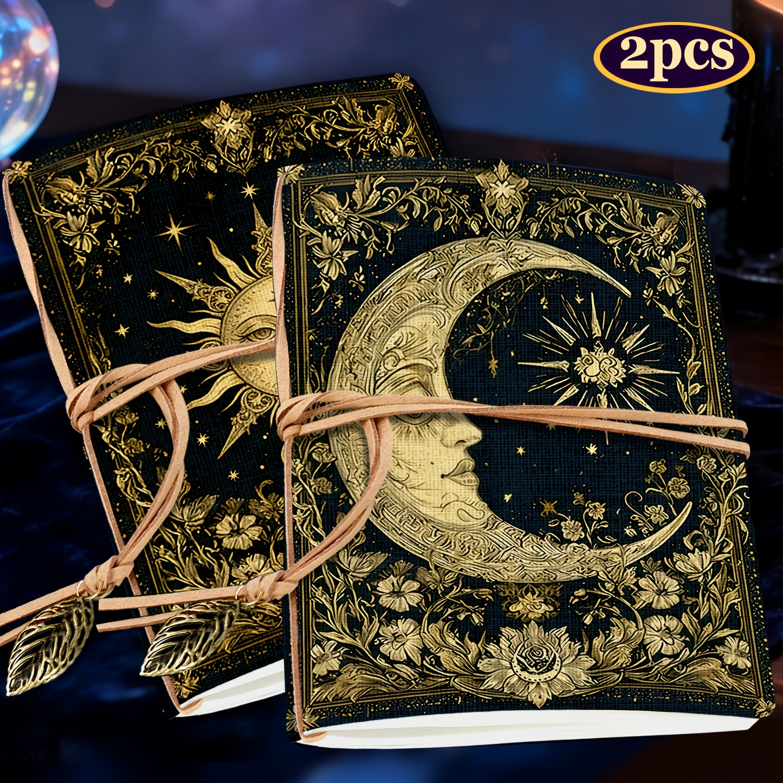 TEMU 2pcs,a5,80pages, Style Sketchbook, Leather-textured Strap And Metal Leaf-shaped Pendant,vintage Sun,easy To Carry,blank Inner Pages,handbook,