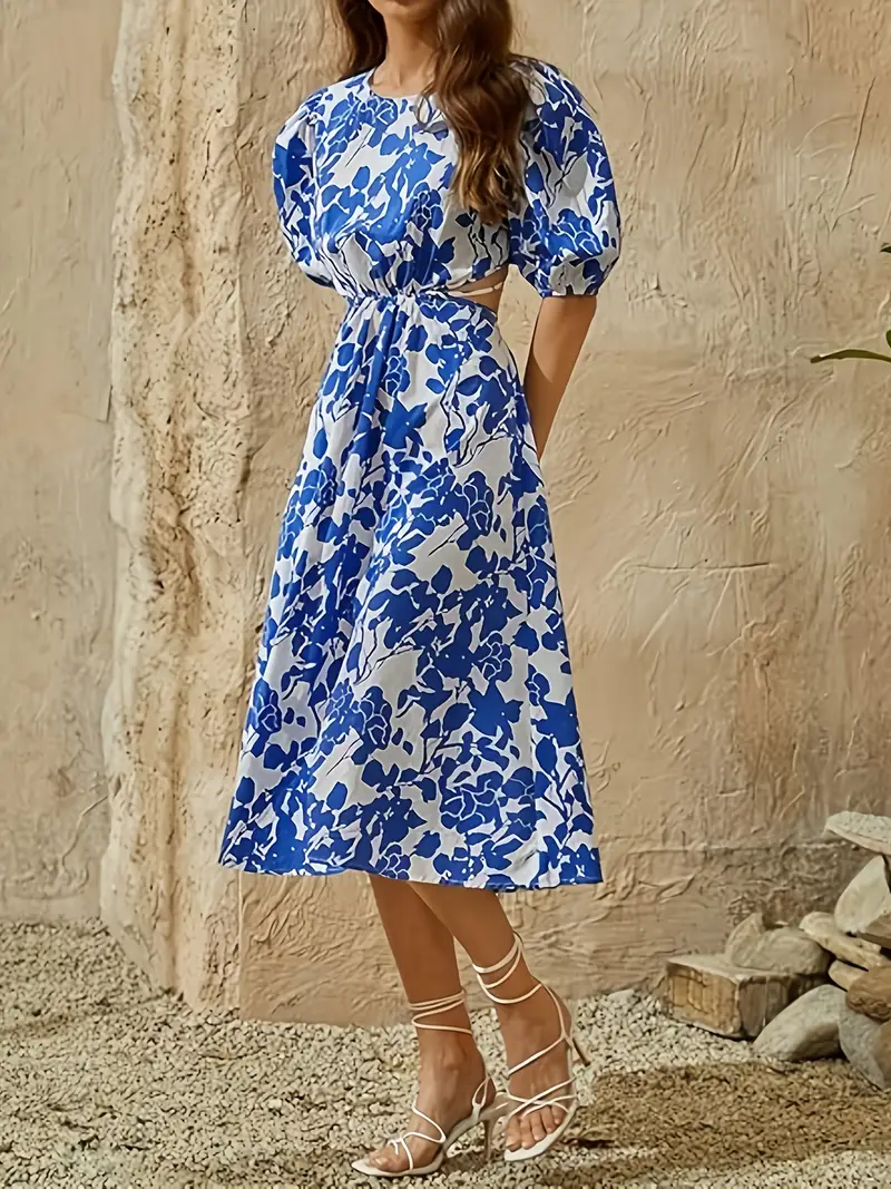womens blue white floral print sleeve dress waist cutout - Temu Mauritius womens blue white floral print sleeve dress waist cutout - Temu Mauritius