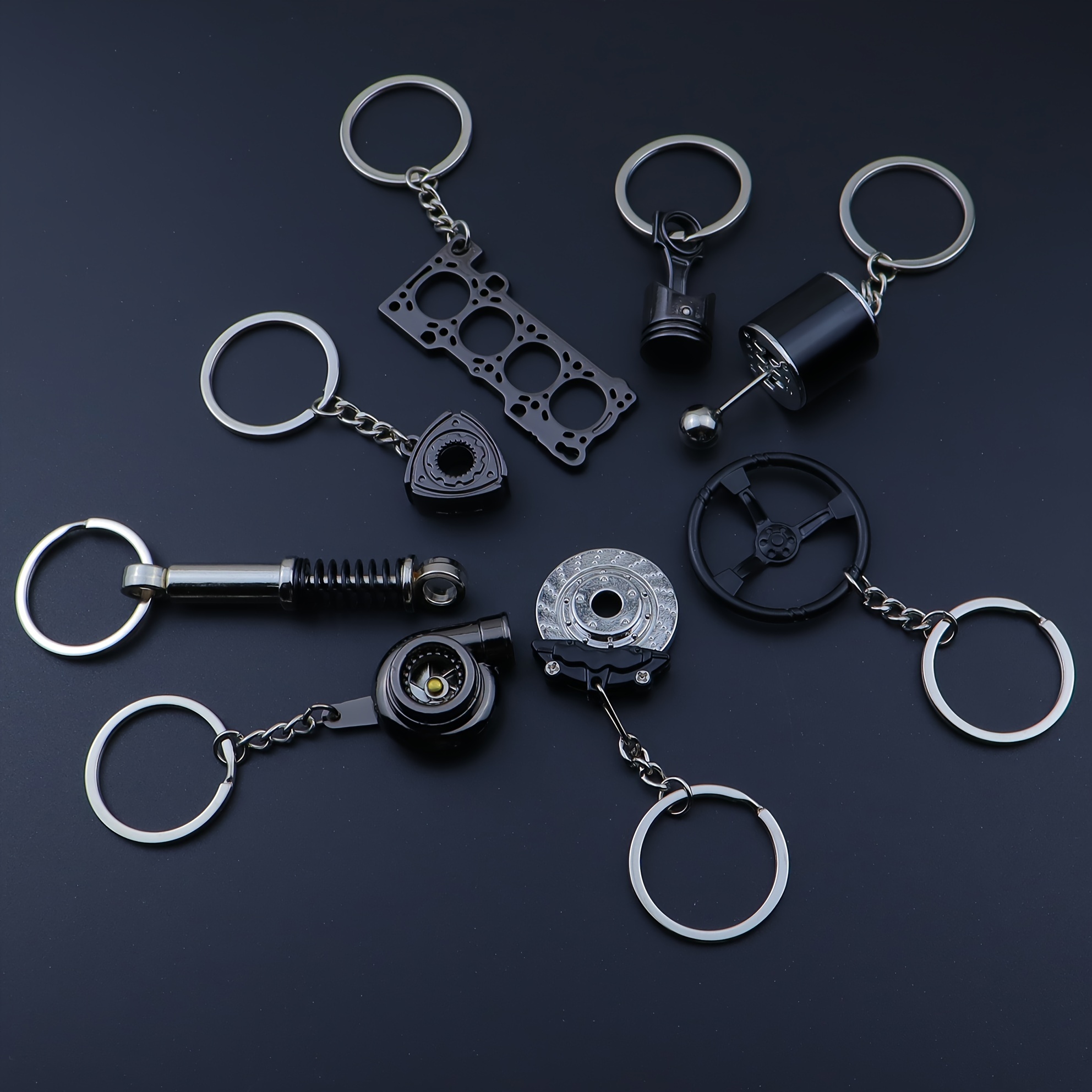 8pcs Creative Car Modification Keychains, Piston, Brake Disc, Gear, Turbocharger, Small Rotor, Shock Absorber, Engine Blade, Steering Wheel Special Keychains, Car Modification Culture Keychains, Gift Keychains details 9