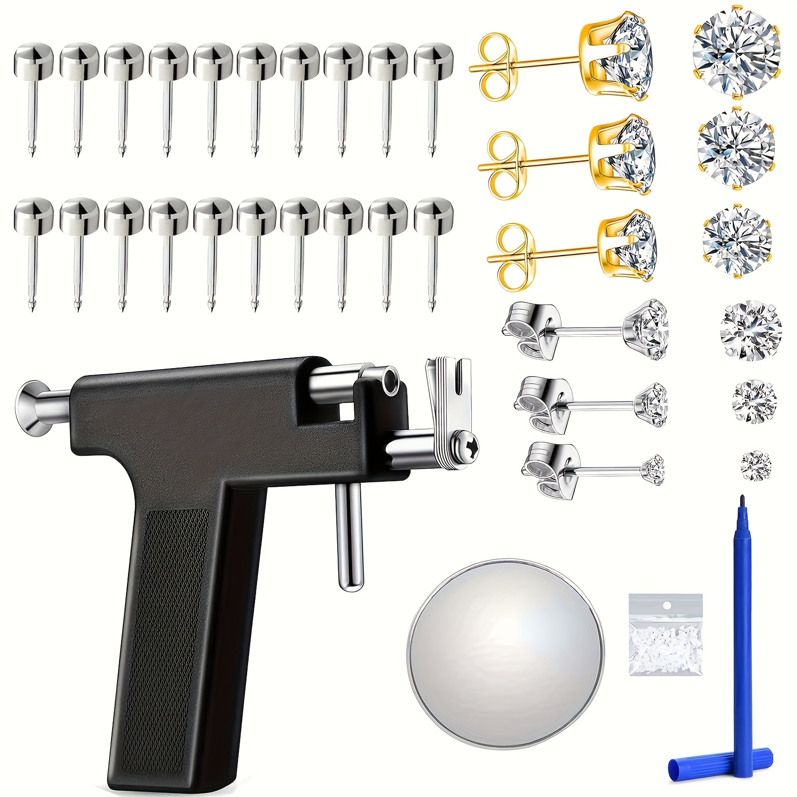 TEMU Ear Piercing Kit, Professional Salon Piercing Tools With Silvery Set For Home Self Body Nose Lip Piercing Kit With 32 Pairs Of Hypoallergenicear Stud (black)