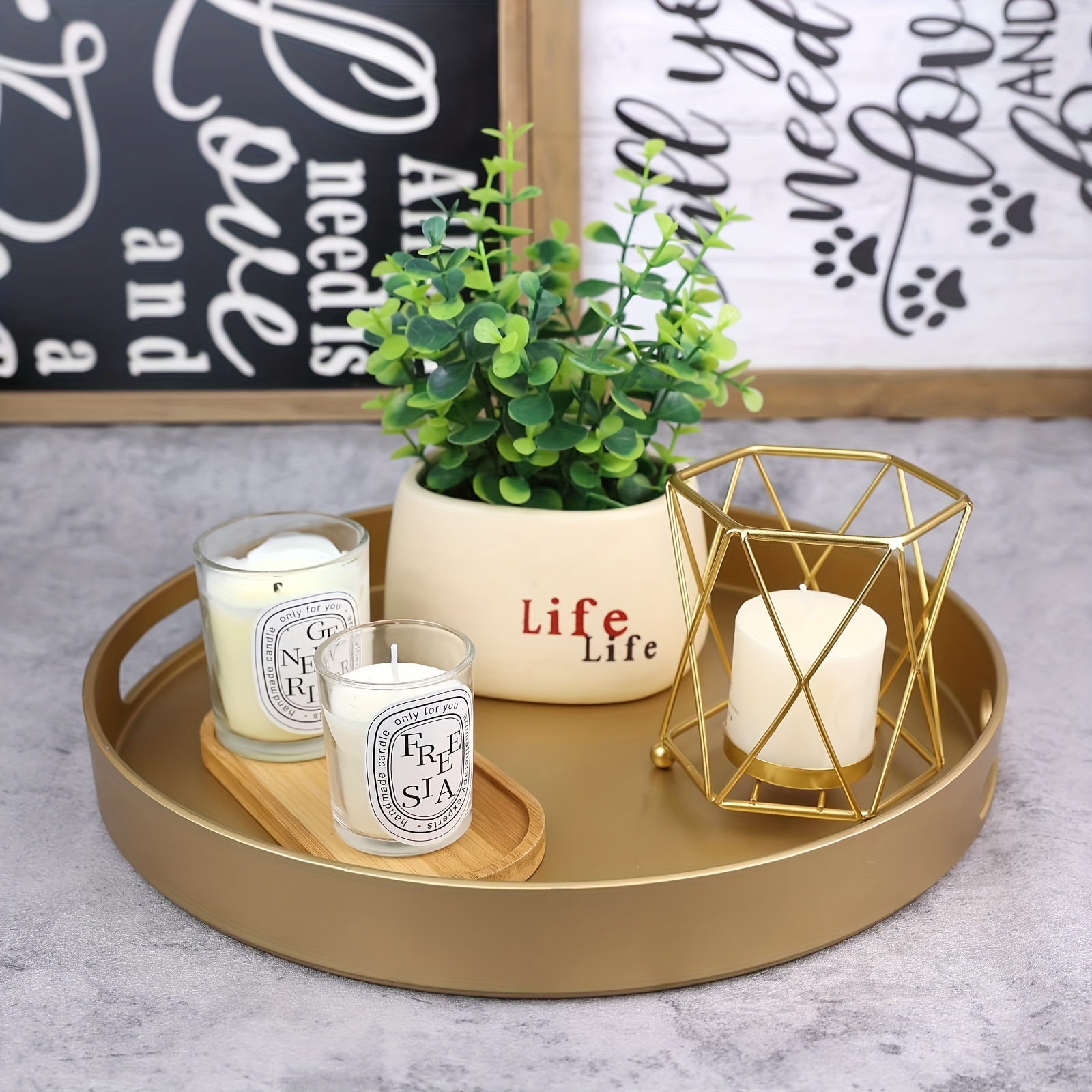 

1pc Round Golden Decorative Serving Tray With Handles, Versatile Ottoman Tray For Coffee Table, Entertaining, Outdoor Patio, Living