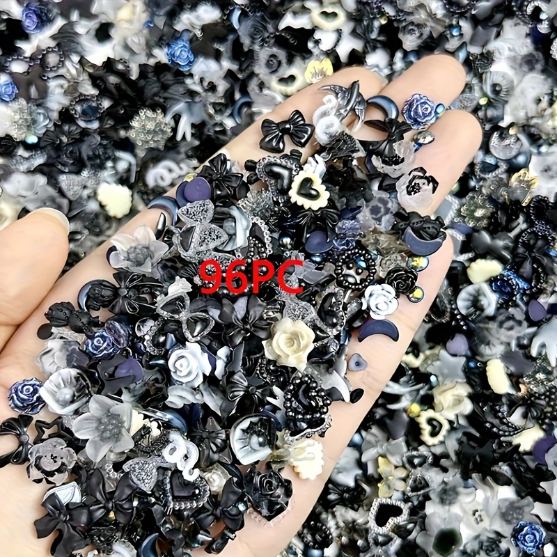 Image of 66/96pcs 3d Mixed Gothic Dark Bow For Nail Art Charms Resin Rose Mini Hollow Pearl For Nail Charms Rabbit For Nail Rhinestones For Nail Jewelry For Nail Design Crafts Additions
