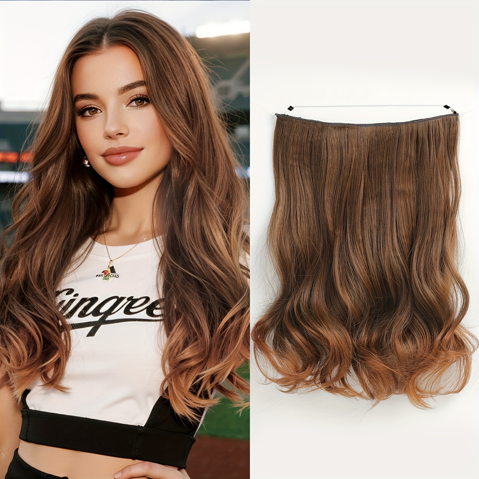 Image of Features 18-inch Transparent Metal Wire Extensions With Long Waves, Made Of Synthetic Hair Pieces. It In A Of Light Brown. The Extension Part Is From New Synthetic Fibers