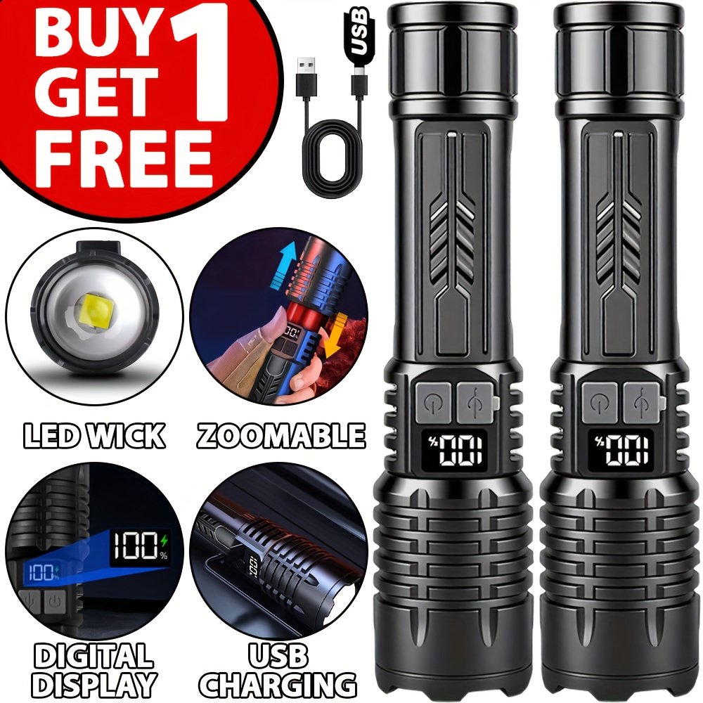 TEMU Buy 1 Get 1! A Total Of 2pcs Powerful Flashlights For Men, Handheld Led Flashlights High Rechargeable With Telescopic Zoom, Long Range, Digital