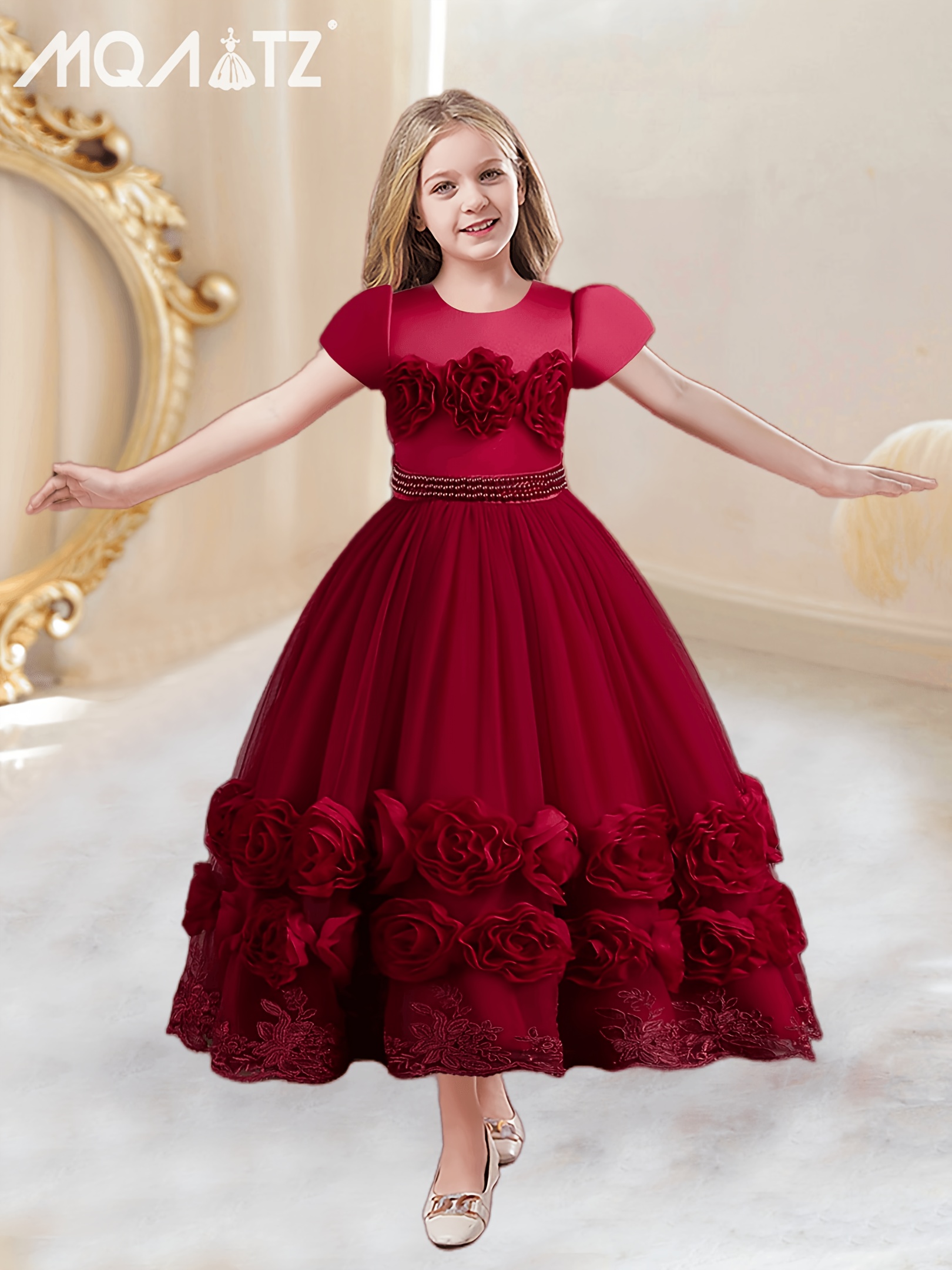 skpabo Flower Girl Dress Kids Teenager Lace Tulle Tutu Formal Long Maxi  Dress 3/4 Sleeve Bowknot Wedding Junior Bridesmaid Pageant Evening Dance  Ball Prom Gown for 5-14 Years 