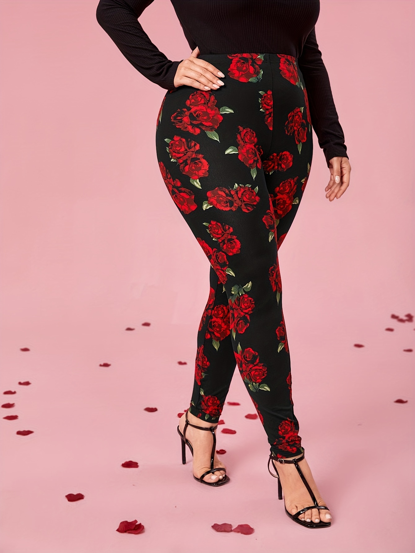 plus size floral print skinny leggings casual every day stretchy leggings womens plus size clothing black 0