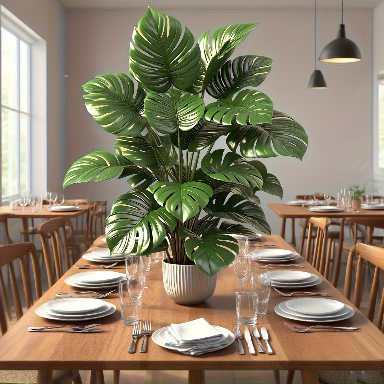 Een grote kunstmatige palmboom met weelderig blad - een realistische nepplant voor binnen en buiten