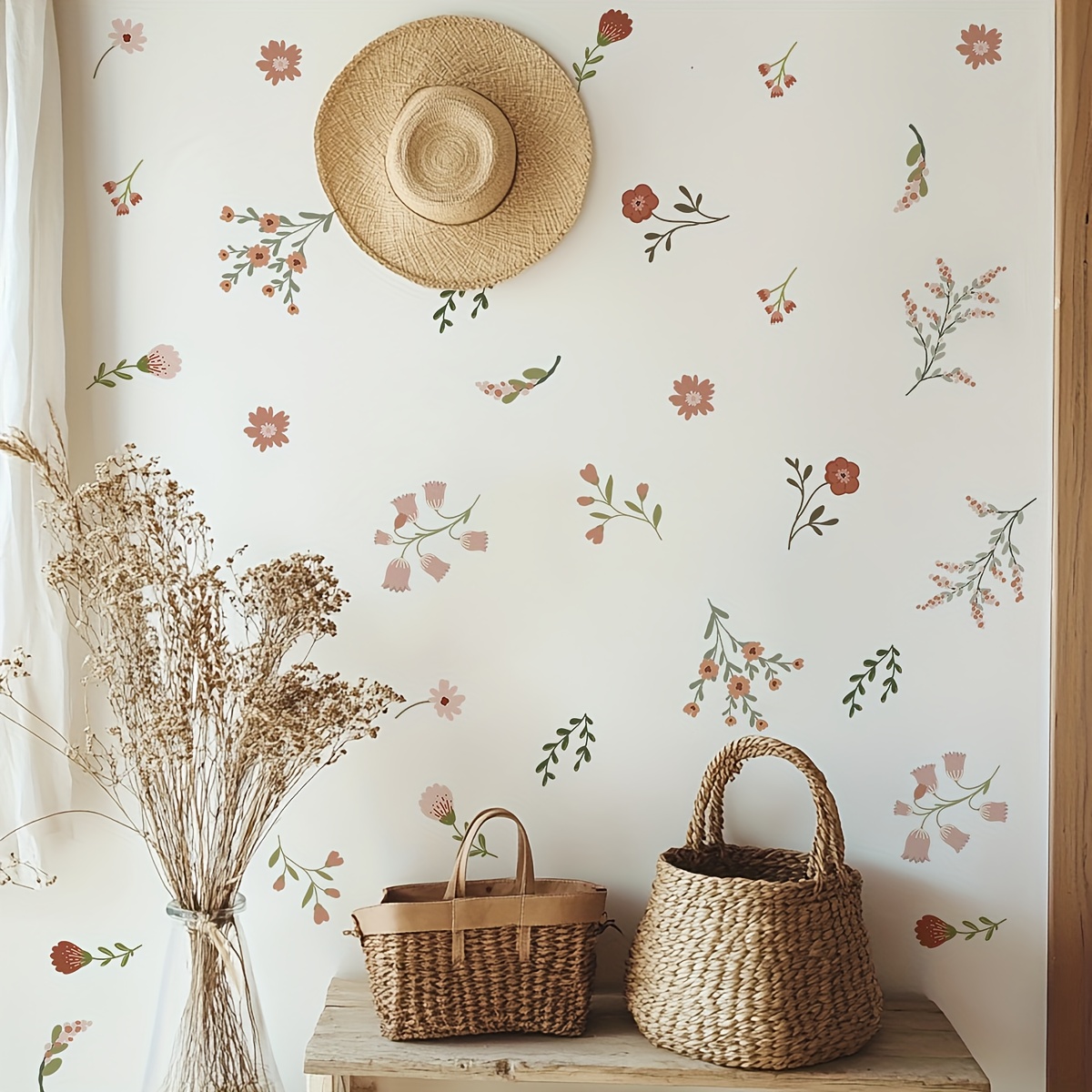 Rustic Painted Floral Wall Stickers - Bohemian Pastoral Home Bedroom Room Wall Decor Stickers
