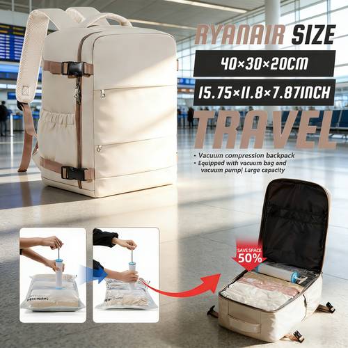 item picture 40x30x20cm vacuum compression backpack set with vacuum bag and hand pump carry on airline backpack for men and women large capacity travel backpack outdoor backpack hiking multi functional backpack