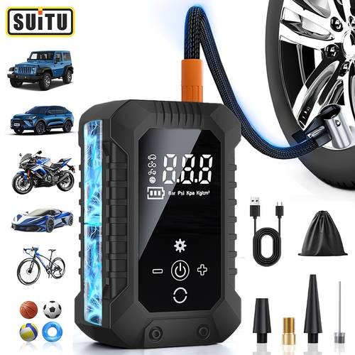 item picture multi functional portable air pump mini tire inflator handheld cordless air compressor usb rechargeable 5 inflation with digital pressure gauge and led light sturdy and durable wireless