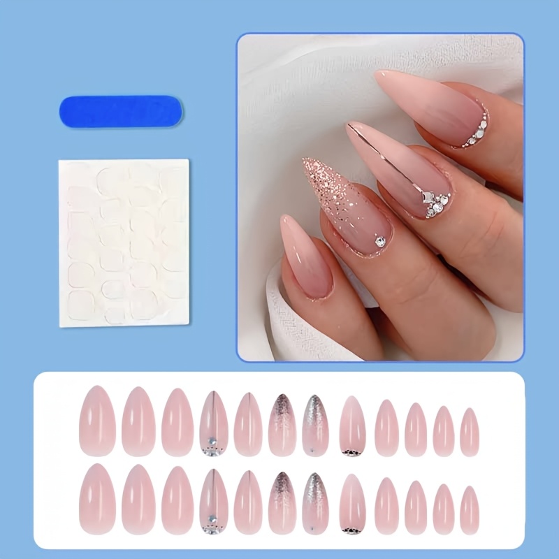 TEMU 24pcs Medium Almond Press-on Nails, Glossy Shiny Nude False Nails With Rose Golden Glitter Gradient & Rhinestone Accents, Reusable Stick-on Nail