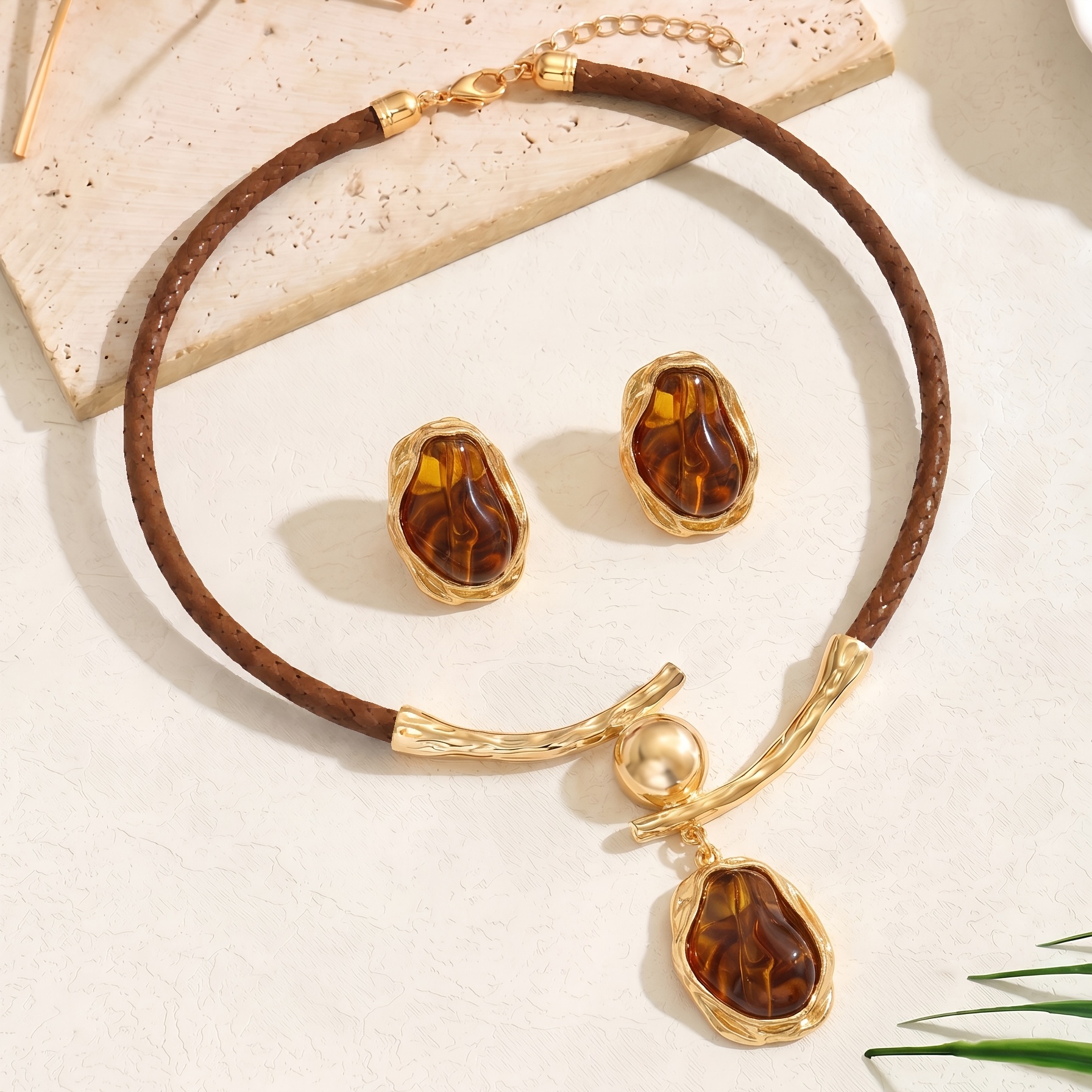 TEMU 2pcs Set New Premium Irregular Exotic Amber Texture Pendant Necklace Earrings Women's Date Evening Temperament Jewelry Set