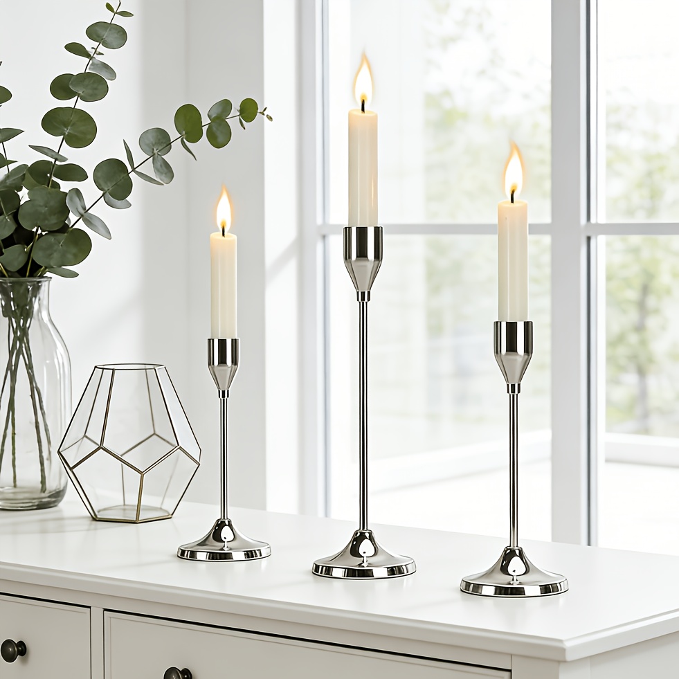 E-shop 3 silberne Kerzenhalter, ideal für Weihnachts- & Halloween-Tischdeko, Foto-Requisiten für Candle-Light-Dinner, Geburtstagsgeschenke. für