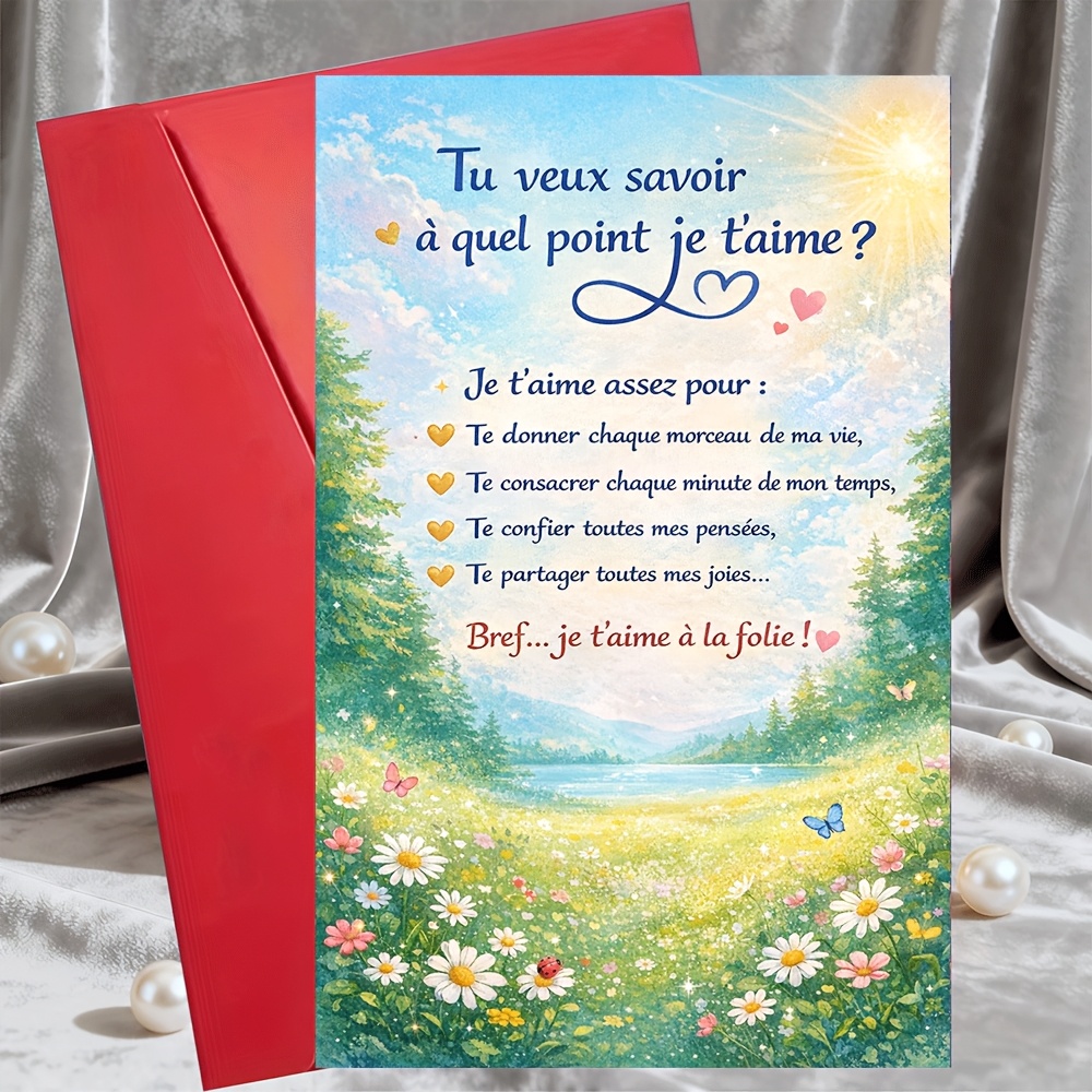 TEMU 1 Carte de vœux + 1 Enveloppe - Carte "Je t'aime" avec français et motif de prairie florale pour , mari, , petit ami - Anniversaire,