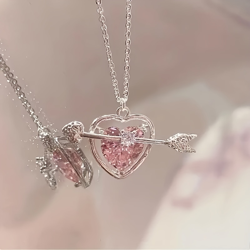 

1pc Pink Crystal Heart Arrow Pendant Necklace Y2k Simple Neck Chain Party Date Jewelry Gift