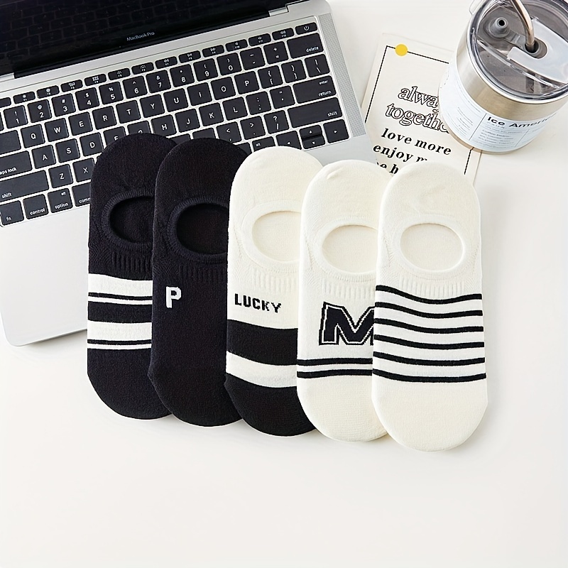 

5 Pairs Stripe & Letter Pattern Socks, Comfy & Breathable Low Cut Short Socks, Women's Stockings & Hosiery