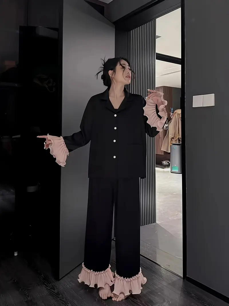 ice silky satin pajamas womens loose set with mushroom edge sweet atmosphere as outerwear or pajamas Product details 2