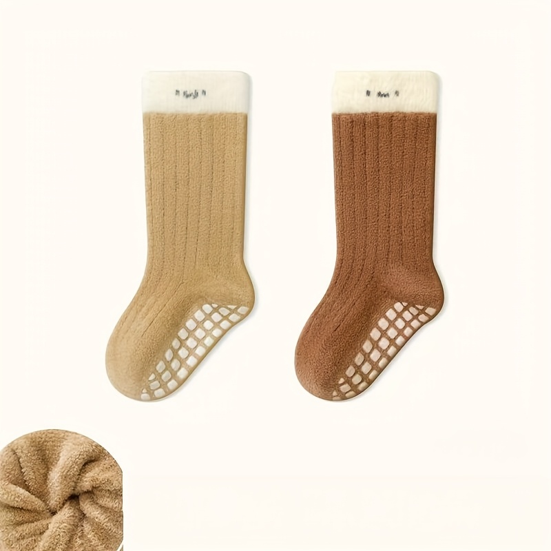 Image of 2-pack Kids Floor Socks, Autumn/winter Fleece-lined Thick Warm Unisex Baby Mid-calf Socks, Toddler Non-slip Walking Socks