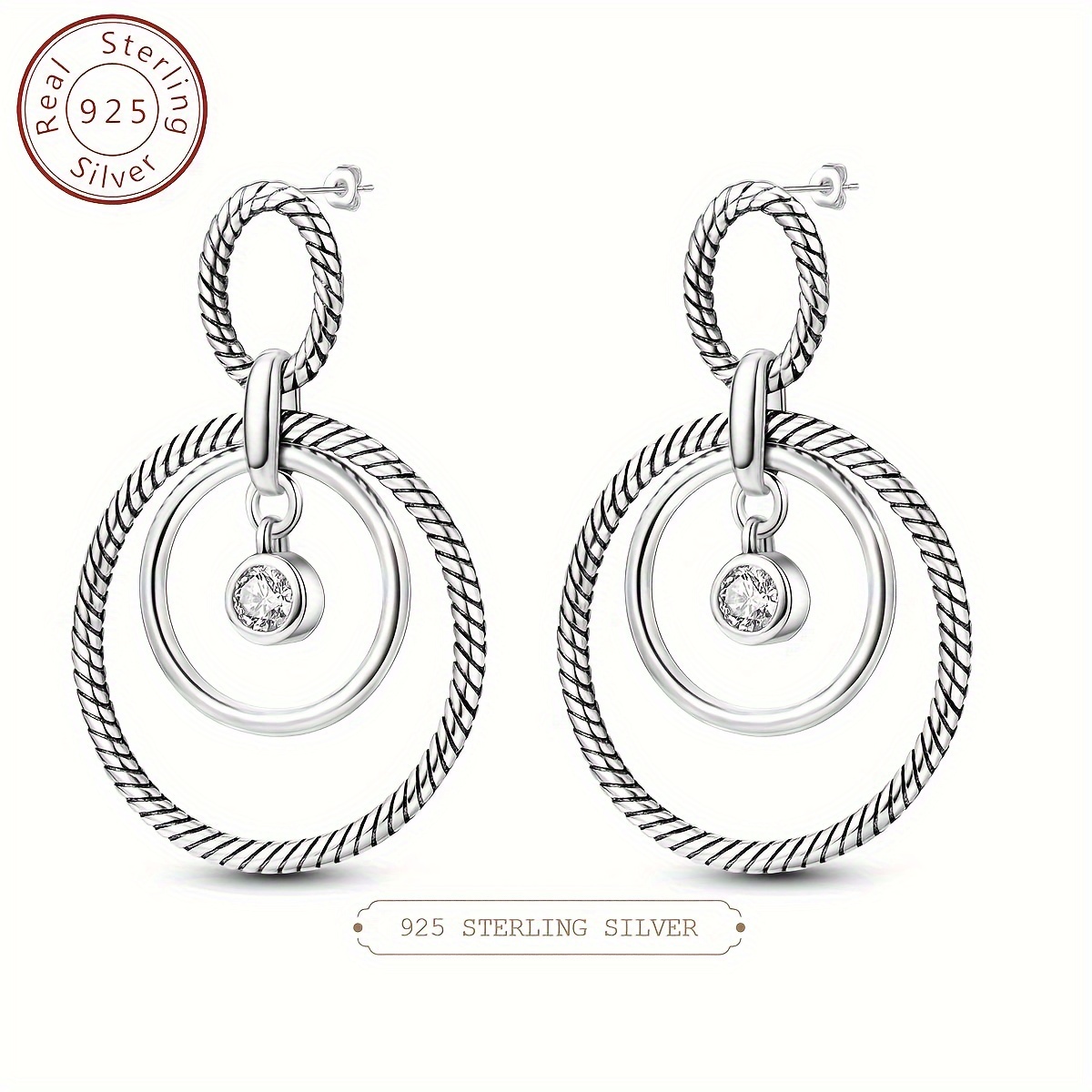 

Trend 925 Sterling Silver Geometric Round Circle Inlay Cubic Zirconia Drop Earrings For Women, Elegant Accessory For Daily Wear