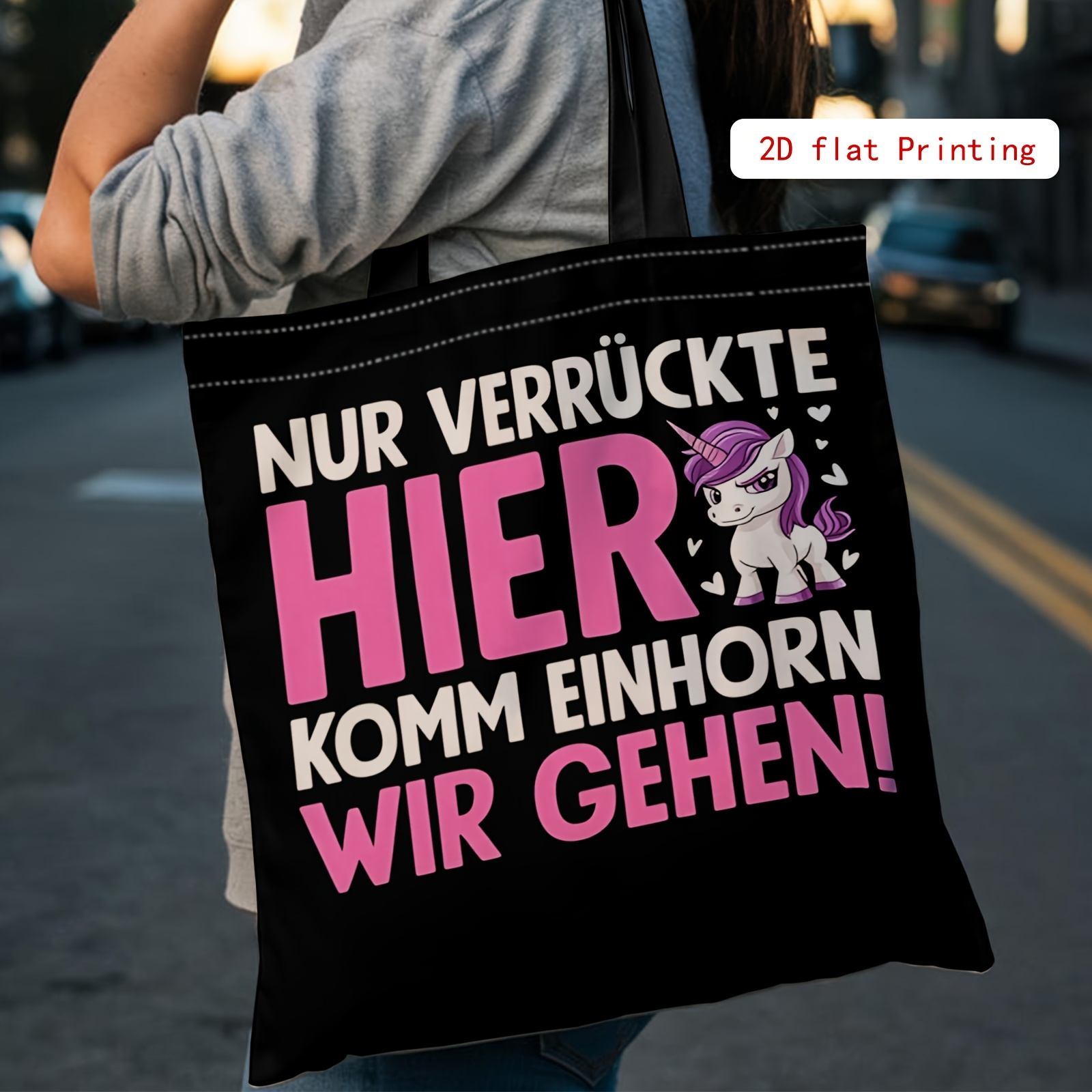 Image of 1pc Unicorn 2d Printed Tote Bag - Reusable Shopping Bag With Unicorn & Black Background Design, Durable Fabric, Stylish For &, Travel,, Grocery Shopping - Wash/ Care (multicolor//