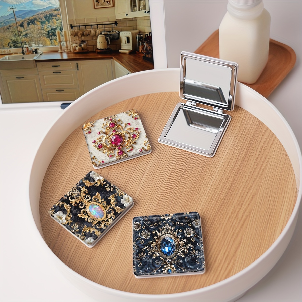 

Elegant Gemstone-embossed Compact Mirror - Portable & Folding, Double-sided Handheld Makeup Mirror With Vintage Designs, Ideal For Purses & Travel - Perfect Gift For Birthdays, Day, Weddings & More