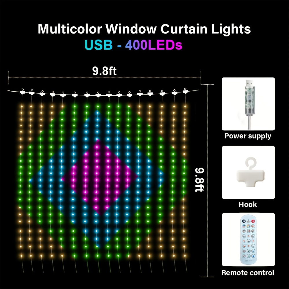 TEMU 400 Led Rgb Smart Curtain Lights, App Control And Remote, Music Sync, Diy Lighting Effects, 9.8ft X 9.8ft/ 5.2ft X 5.2ft Led String Lights For