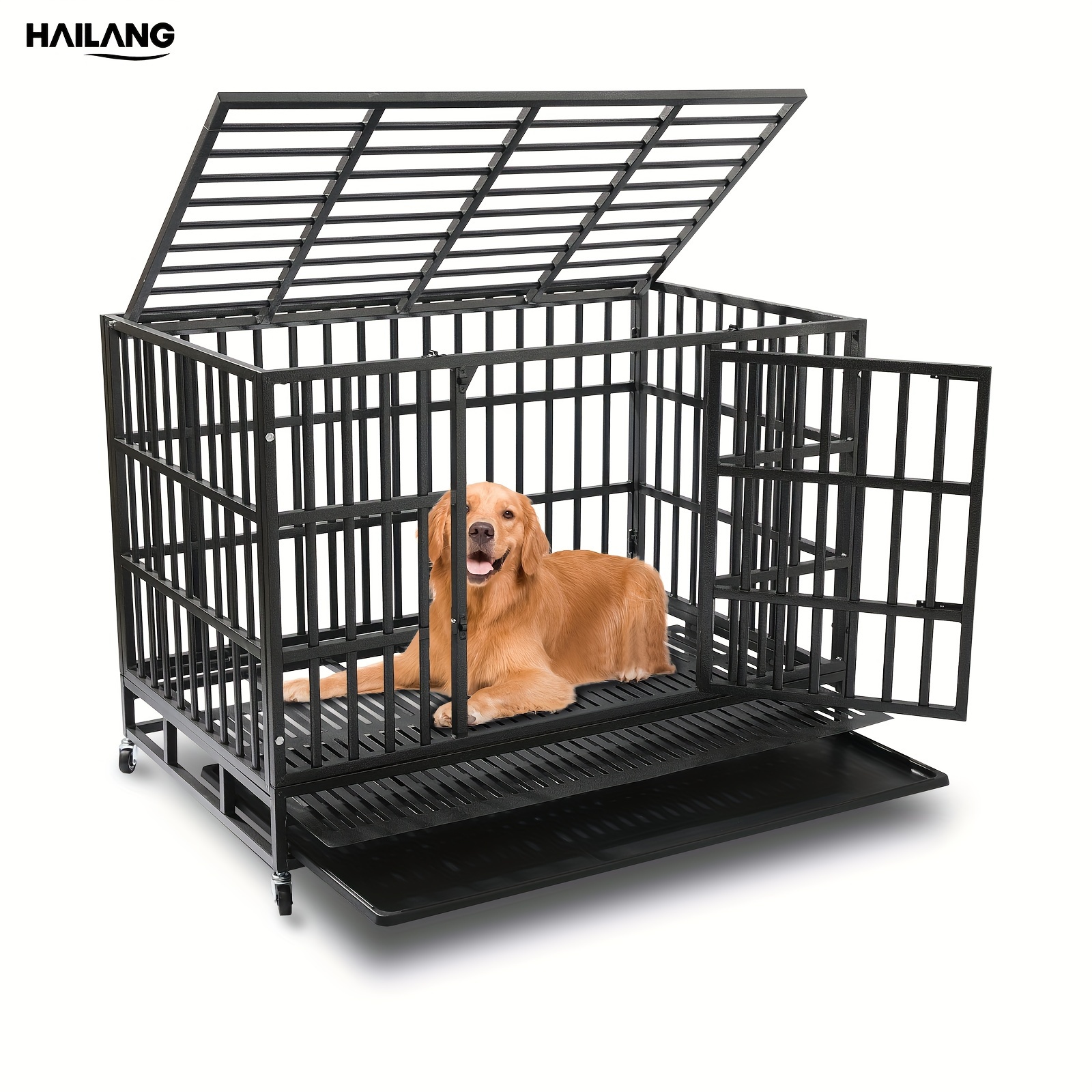 

Hailang Heavy Duty Dog Crate 48 Inch, Large Metal Pet Cage With Wheels, Double Door & Locks, Removable Tray, Easy To Assemble For Indoor/outdoor Use