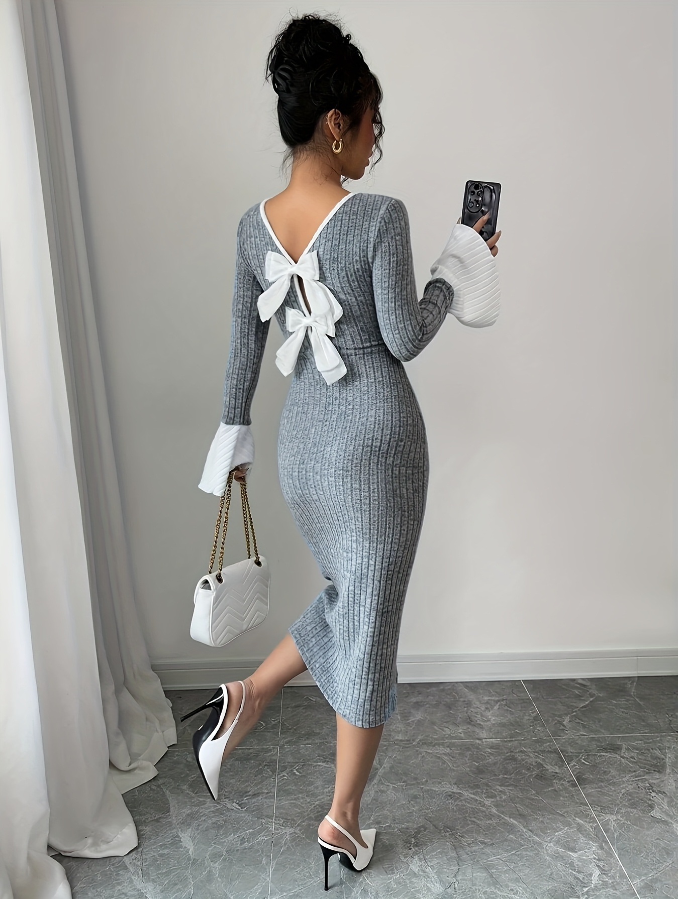 princess polly baby blue dress womens elegant pearl bow decorated backless dress suitable main image 0