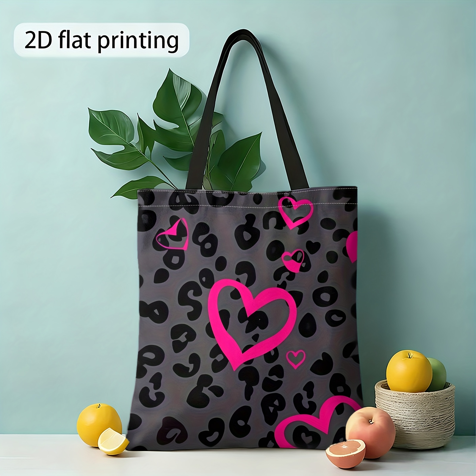 Christmas, 2d Printed Pink Heart Tote Bag, Leopard Print Reusable Shopping Bag, Shoulder