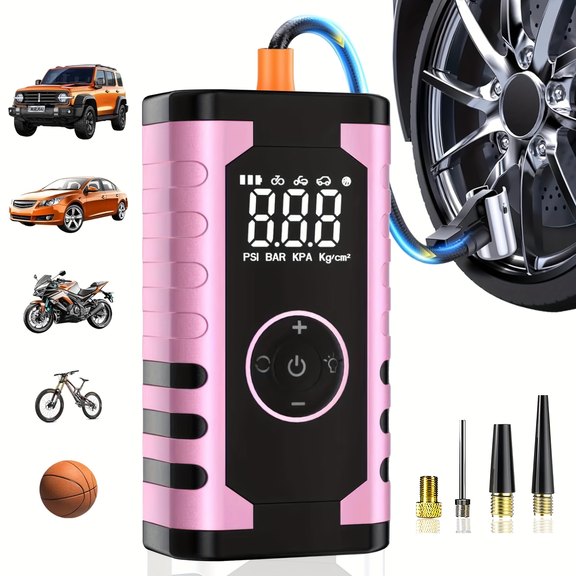 E-shop Intelligente tragbare Luftpumpe, 150 PSI 3x schnellere kabellose Reifenaufpumpvorrichtung mit digitalem Manometer, LED-Licht & 4 Düsen für Auto,