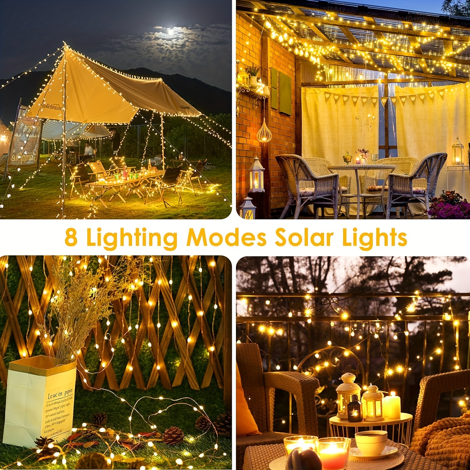 Solar String Lights - 8-Mode Outdoor Solar-Powered Christmas Tree Lights with Built-in Battery, Remote Control & Light Sensor, Durable Plastic, Courtyard, House Party, Wedding, Halloween & Christmas Decorations, Solar Christmas Lights