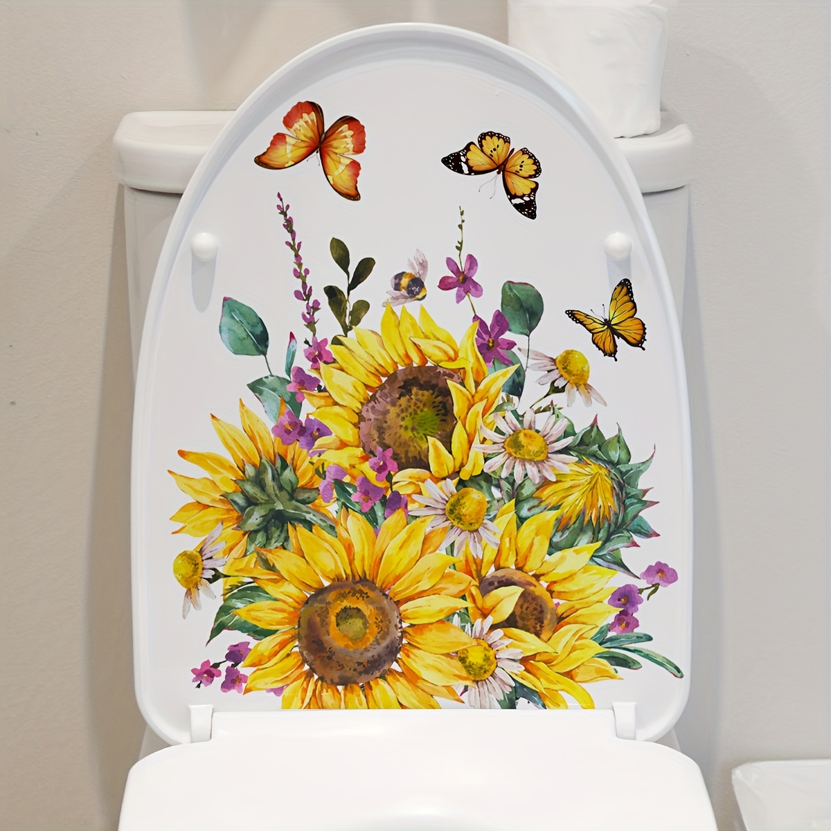 

1pc Sunflower Butterfly Pattern Toilet Lid Decal, Self-adhesive Toilet Sticker, Creative Decorative Wall Sticker, Bathroom Accessories, Home Decor