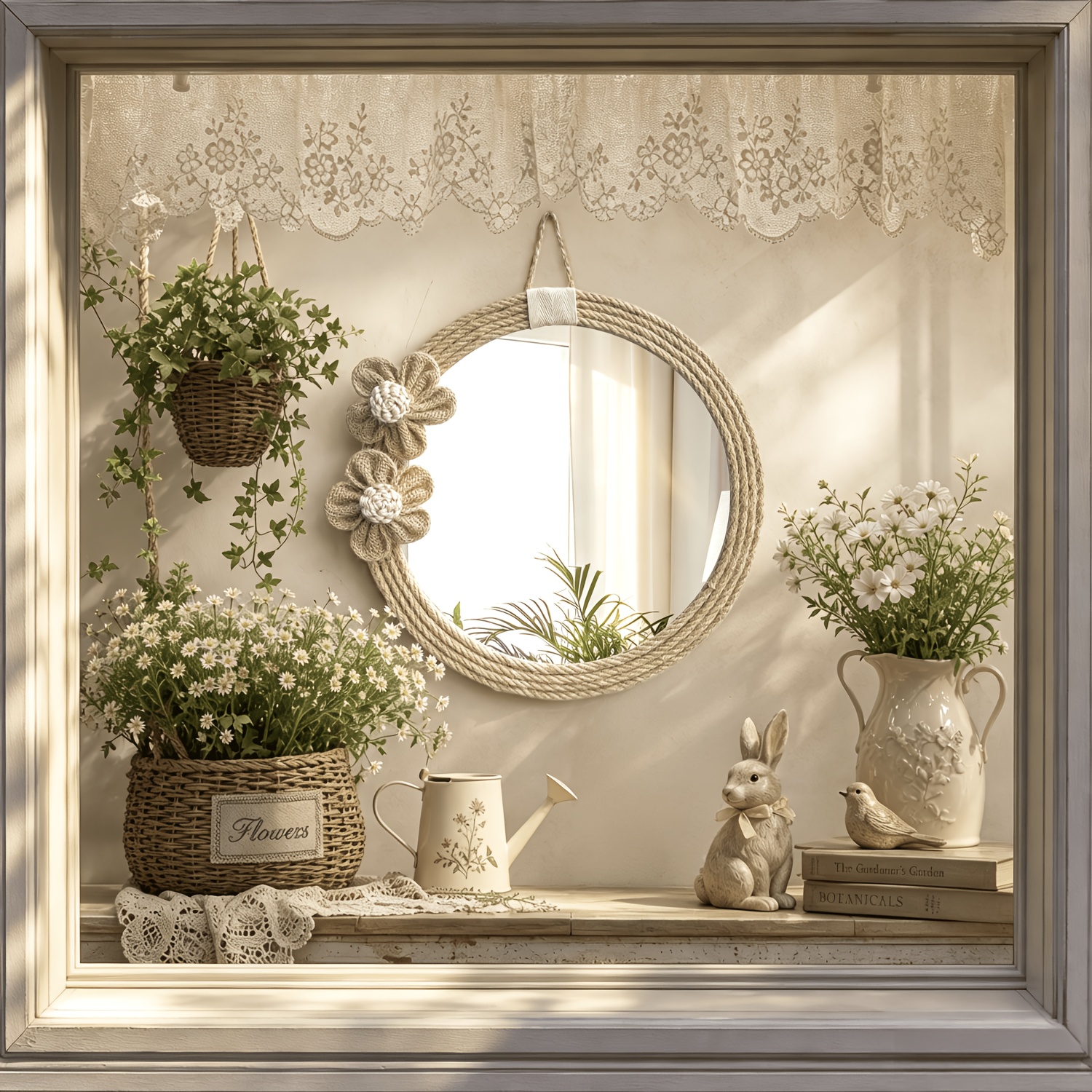 Boho Rope Round Wall Mirror With Handmade Crochet Flower Decor, Natural Jute Framed Hanging Mirror, Rustic Circular Wall Mount Mirror For Bedroom Living Room Entryway Home Decor