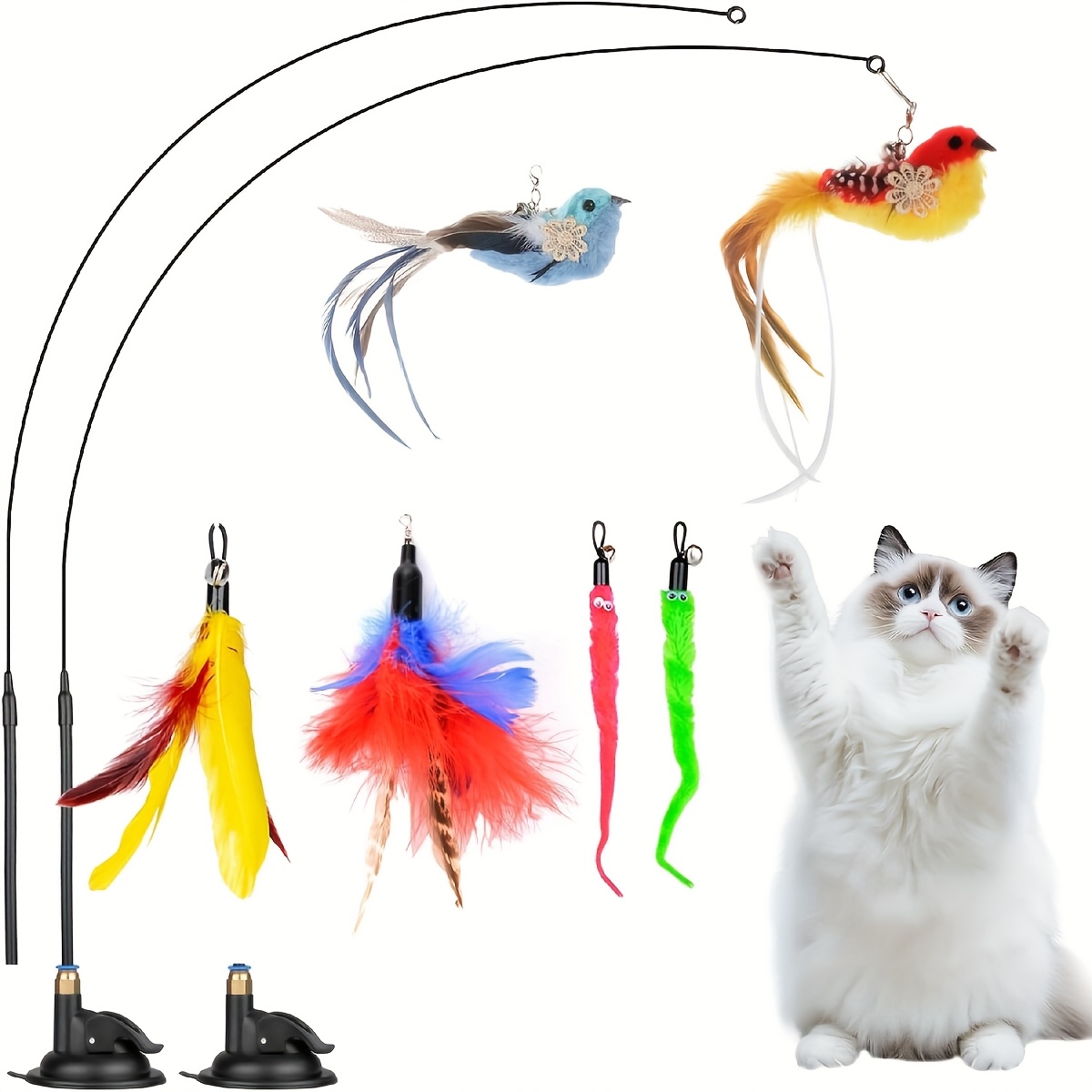 TEMU 10pcs Cat Toys With Detachable 2pcs Suction Cup, 6pcs Replacement Teaser Refills , Interactive Cat Toys Are Suitable For Cats To Play And Exercise Indoors, Without Battery