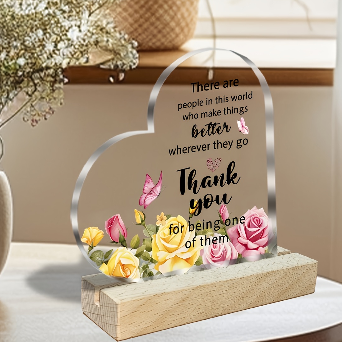 TEMU 2d Flat, 1pc 1pcs Heart-shaped Acrylic Thank You Desk Decor With "thank You For Being Them" Text - Floral & Gratitude Display Suitable For Home,