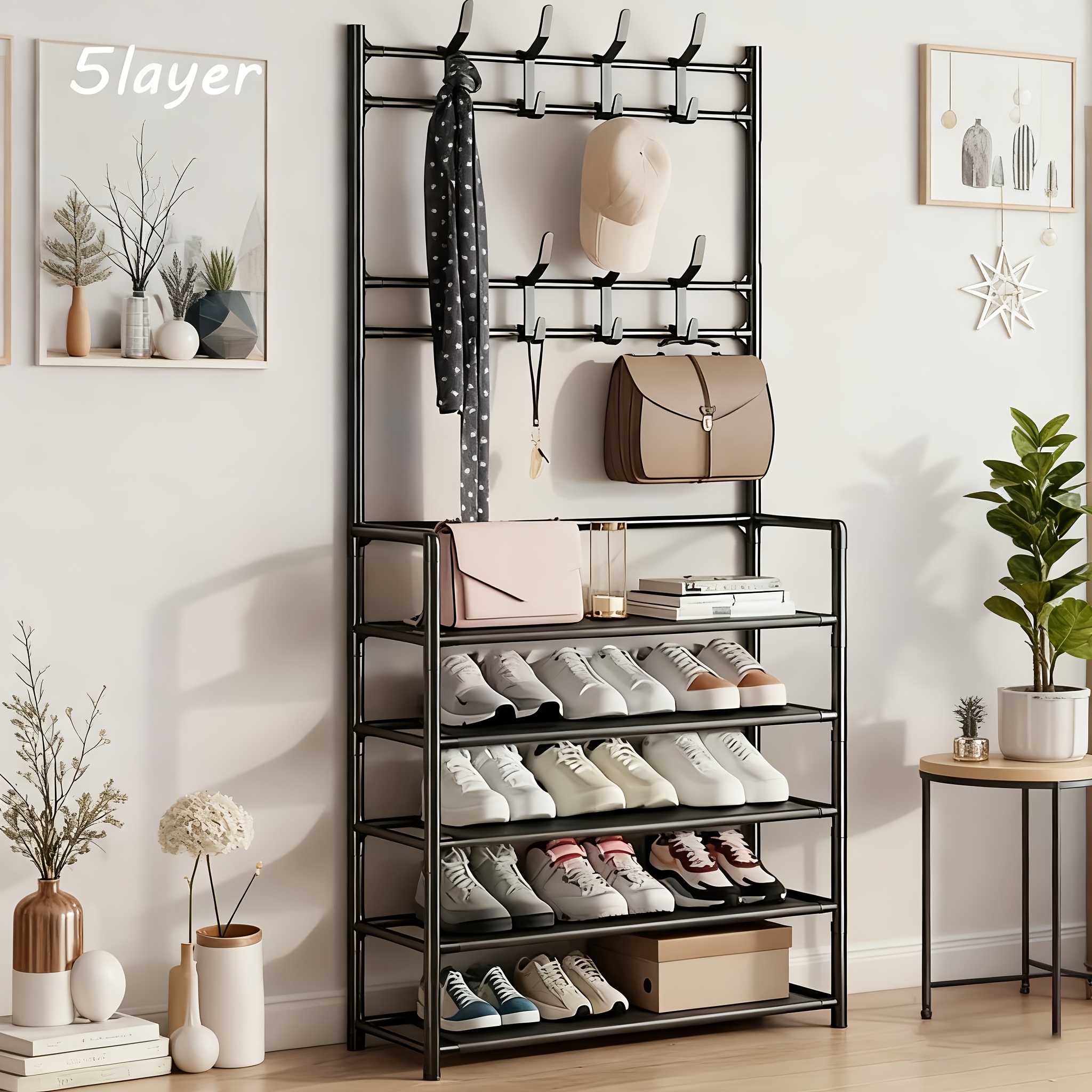 TEMU Étagère à chaussures métallique à 5 niveaux avec 8 crochets de suspension multifonctionnels, un support de rangement polyvalent pour conçu pour