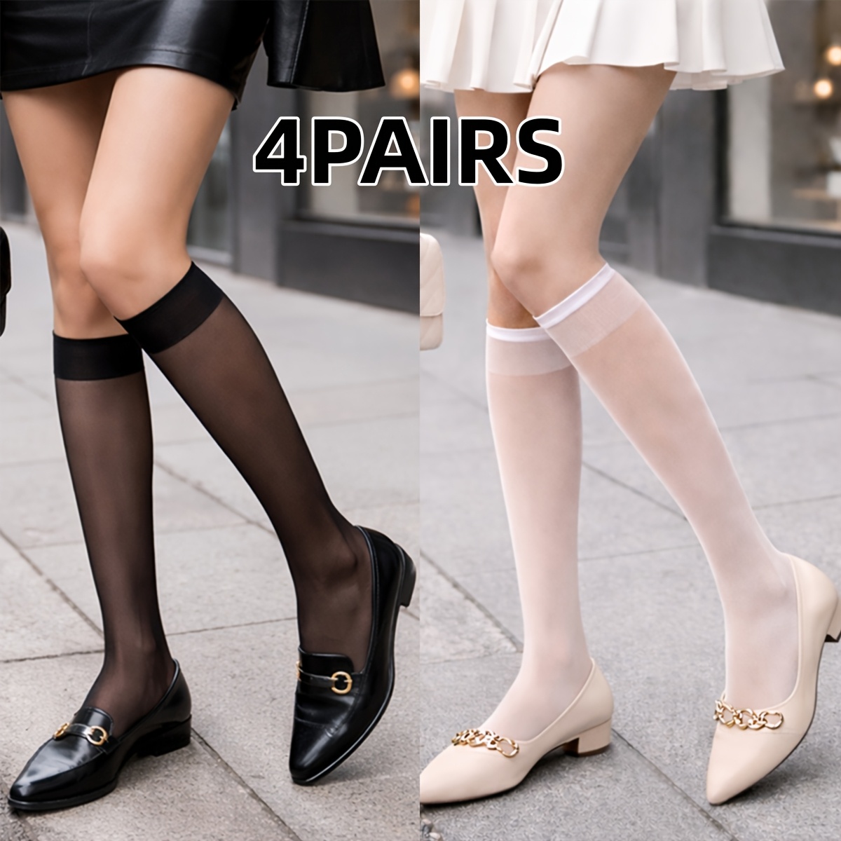 TEMU 4 Paar durchsichtige Kniehohe Socken für Damen, dünne transparente Nylonstrümpfe, atmungsaktive elegante Kleidersocken für den Sommer