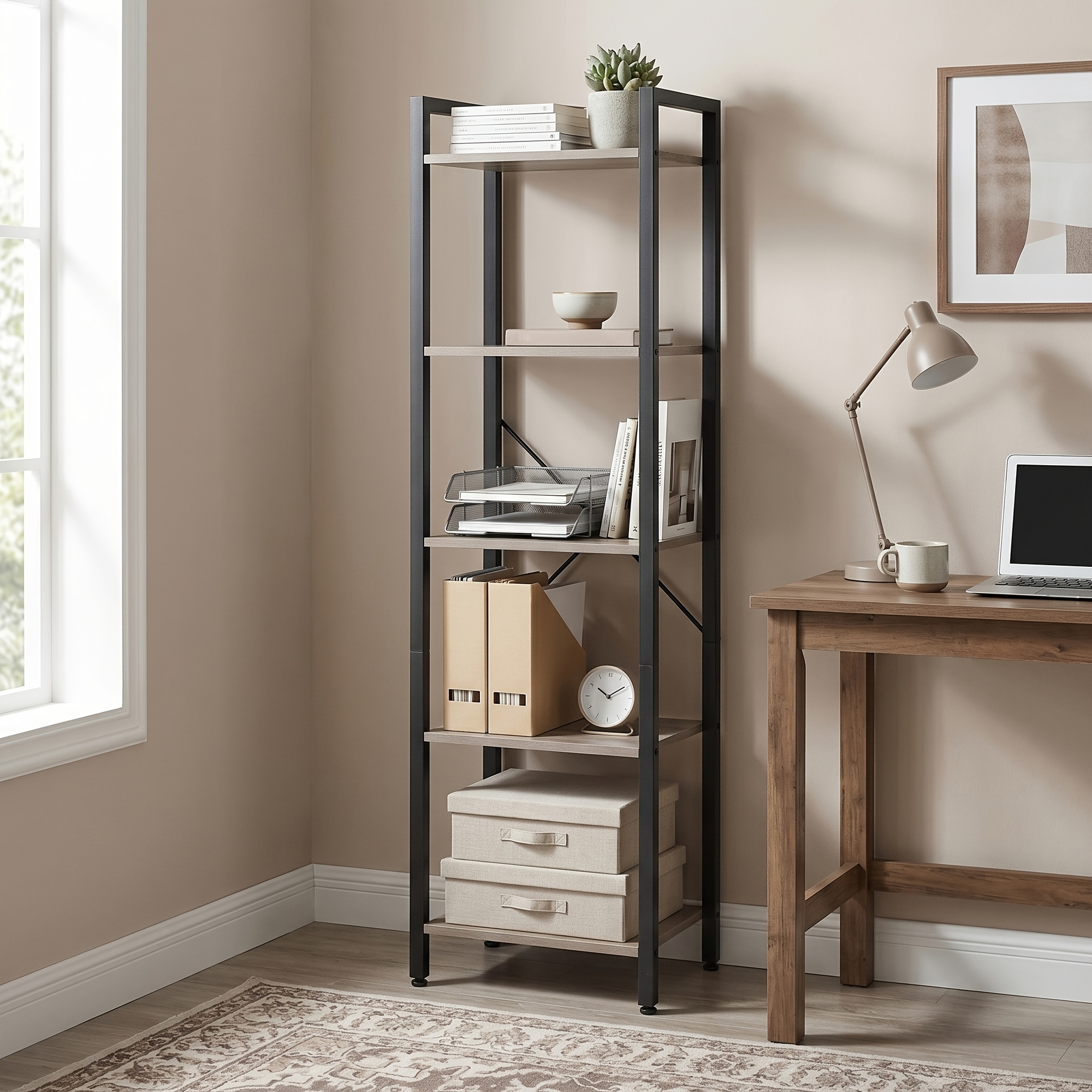 Image of 5-tier Storage Shelf, Freestanding Bookcase For Home Office, Living Room, , 30 X 40 X 153cm, Beige And Black