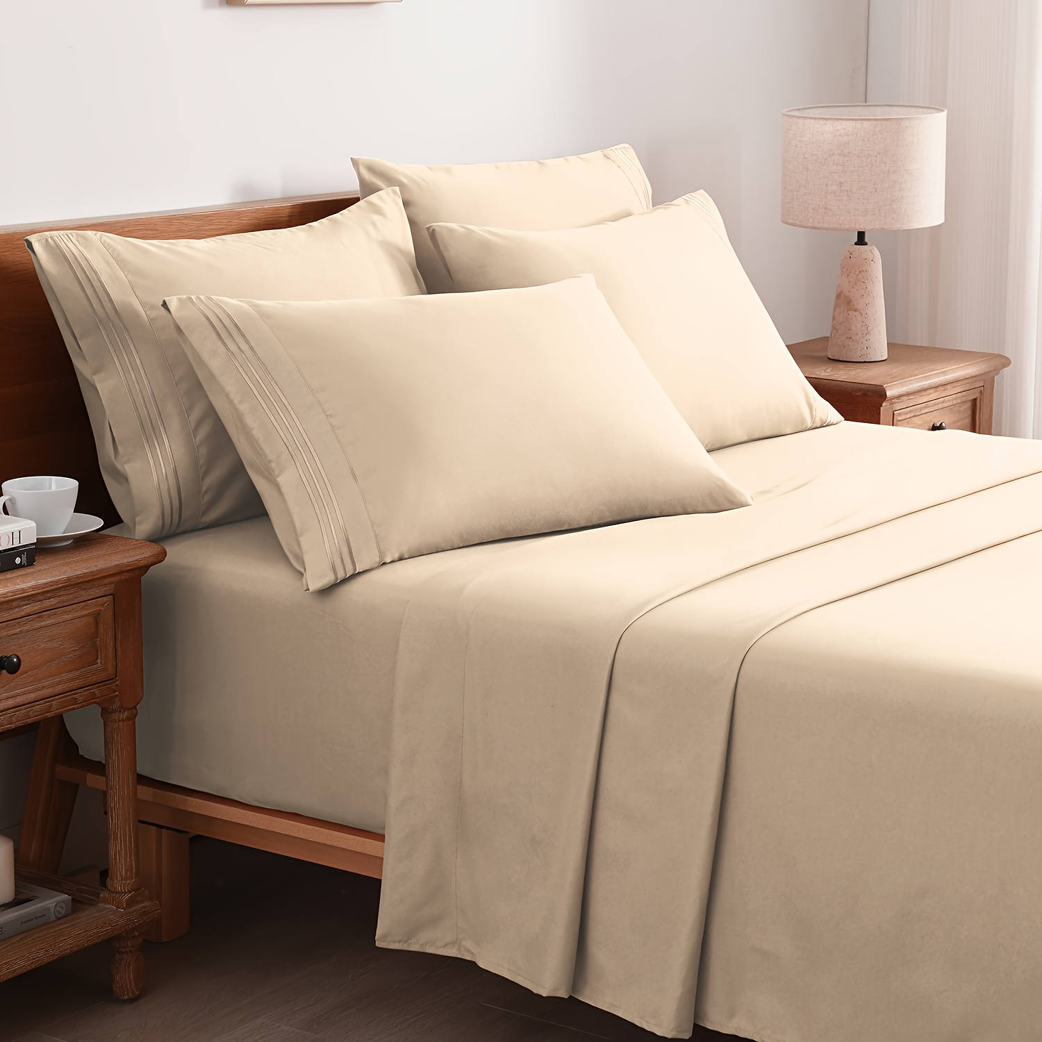 TEMU 6pcs Summer Cooling Bed Sheet Set, 18 Inch Deep Pocket Ultra Soft Breathable Polyester Solid Color Bedding 3 Embroidery 100 Gsm Anti Fading Wear