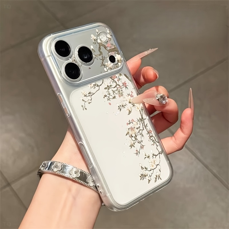 TEMU Phone Case - 1pc Ancient Style Magnolia Branch Anti-drop Protective Soft Case, Compatible With Iphone 17/16/15/14/13/pro/pro , Ins Minimalist
