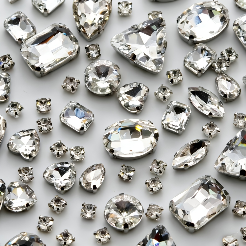 TEMU Hand-sewn Hole-drilled Rhinestones 305pcs Mixed Multi-shaped Glass Rhinestones With Silver Claws, For Jewelry, Crafts, Clothing, Shoes, Garments